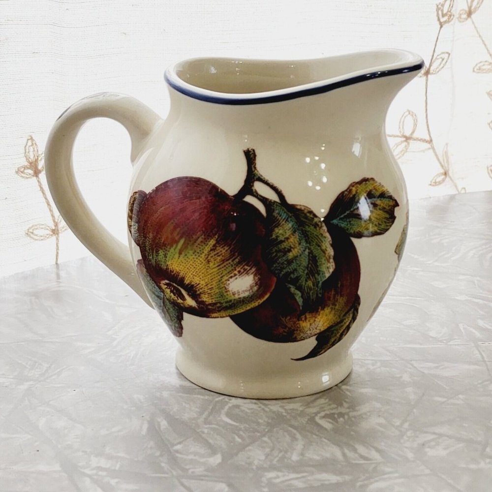 Pier 1 Macintosh Earthenware Creamer 12 oz pitcher 4" England apples cherries
